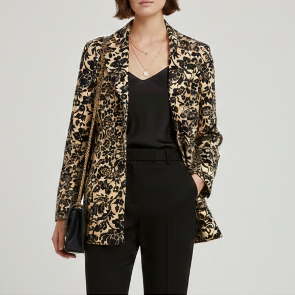Vintage Floral Oversized Long Blazer Jacket R.Q.T. Tan Black Small Dark Academia